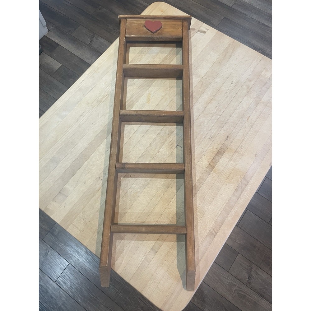 Country Red Heart Farmhouse Ladder Shelf Great Trinkets 30" Tall Vtg Farmhouse